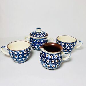 Handarbeit Glazed Pottery Germany Cobalt Blue Teacups Mugs Sugar Creamer Tea Set